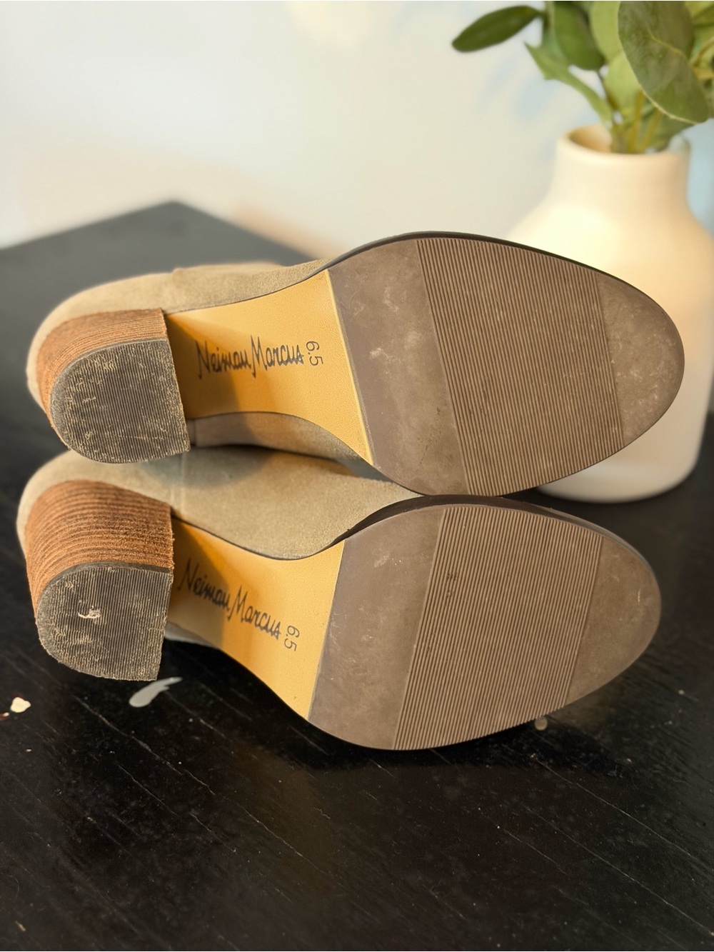 Neiman Marcus Taupe Suede Front-Zip Ankle Booties - Picture 2 of 4